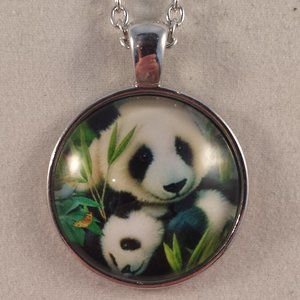 Silver Panda Bear Art Cabochon Pendant Necklace 20" Chain Party Gift
